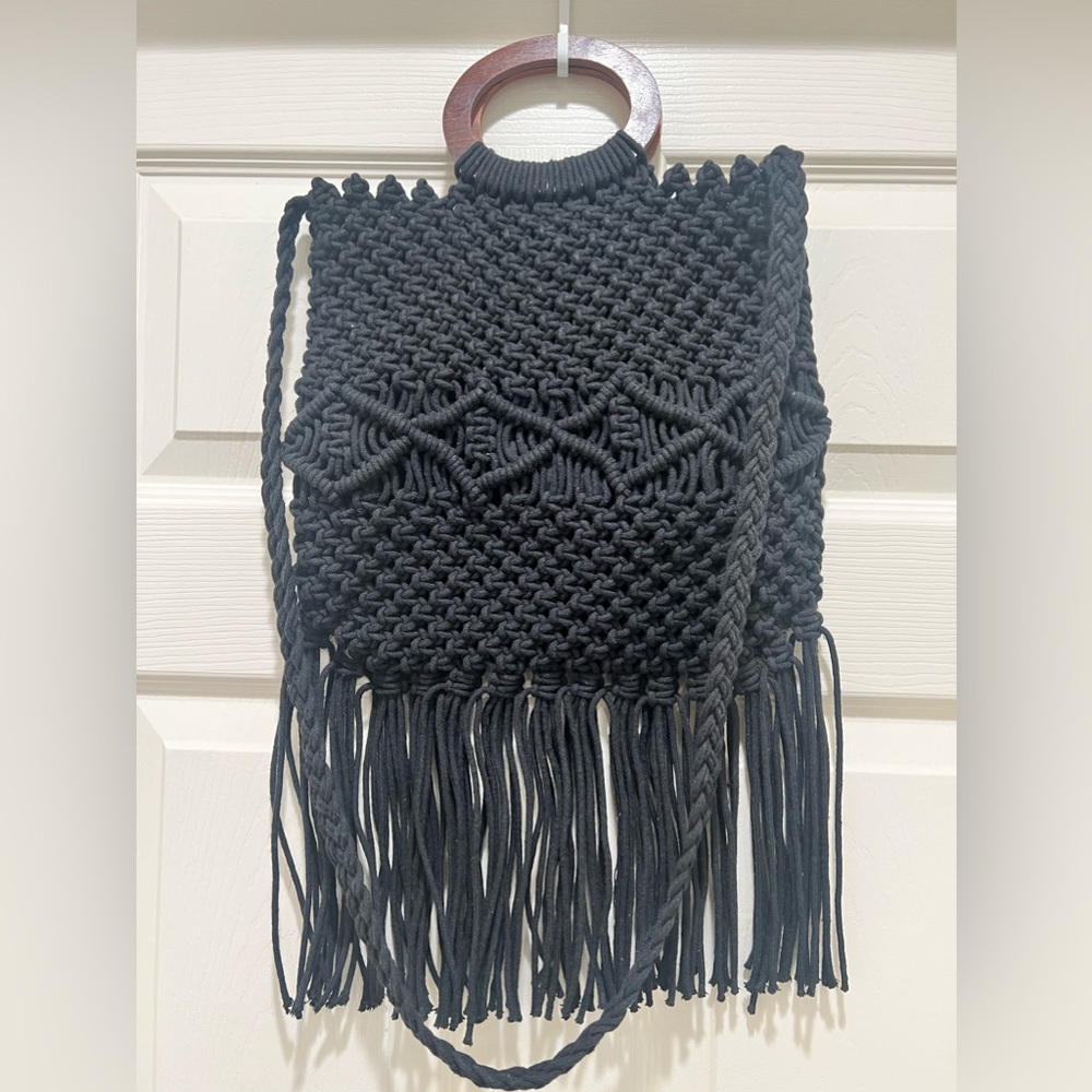 Black crochet, and fringe Crossbody bag